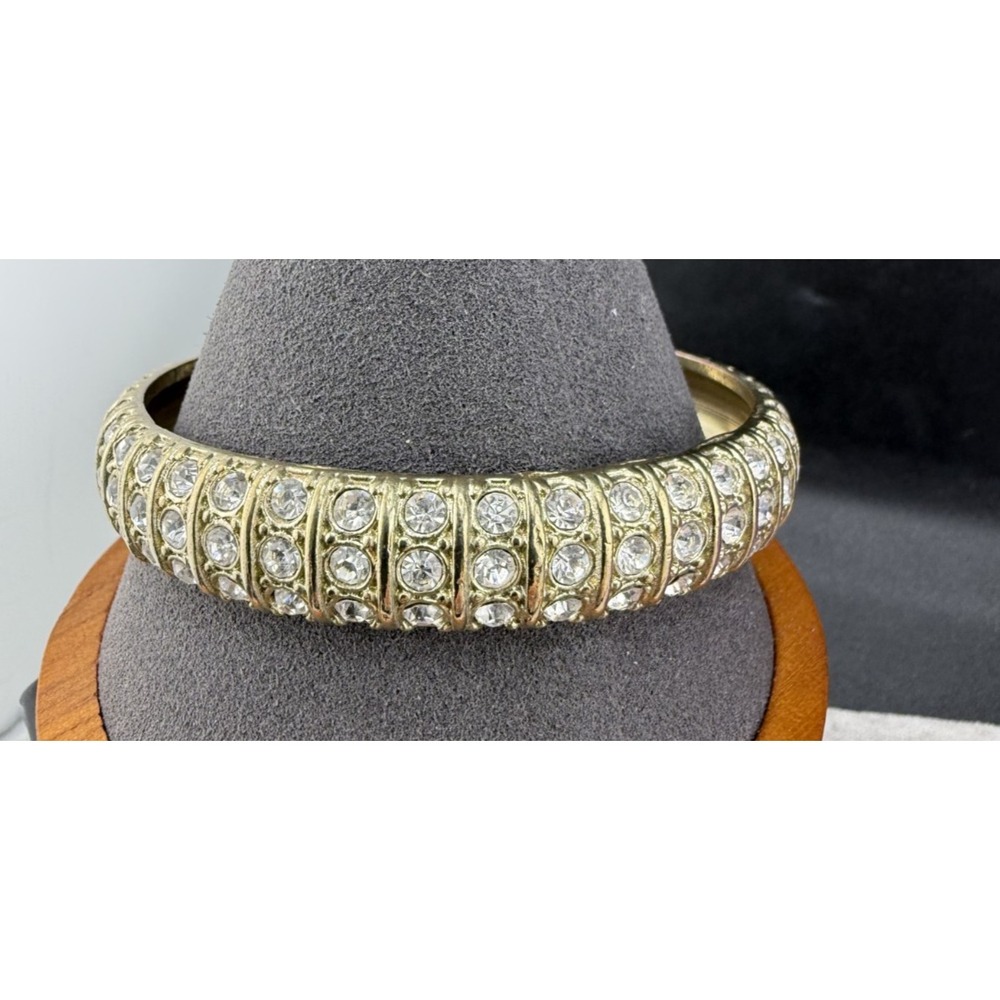 Gold Tone Bangle Bracelet Clear Rhinestone Chunky 8.5"